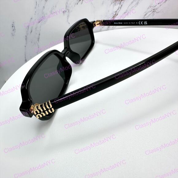 New MIU MIU Sunglasses Black Square Rectangle Acetate Gold Metal Logo Authentic main image 10